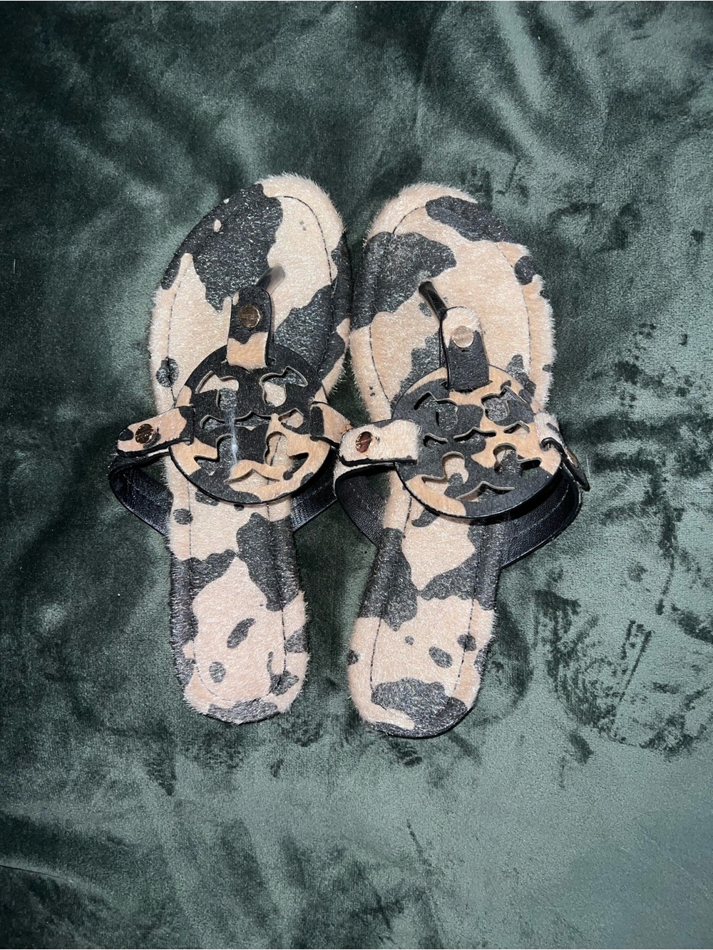 Cowhide Pattern Sandals in Black and Cream Size 38 Euro - Gently Used